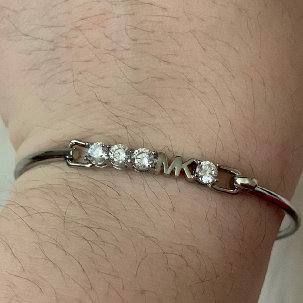 MICHAEL KORS Crystal Logo Hinged Bangle in Silver - Picture 2 of 5